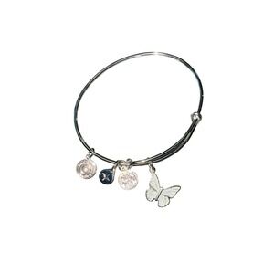 Alex and Ani White Enamel Butterfly Charm Bangle Bracelet Silver Finish Womens